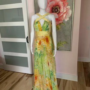 Marc Bouwer Glamit| Long Silk Halter Dress| Green/Yellow/Orange| Size 6